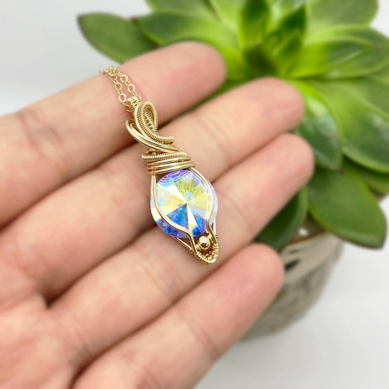 Medium 14K Gold Filled Wire Wrapped Swarovski Kristal Ab Rivoli
