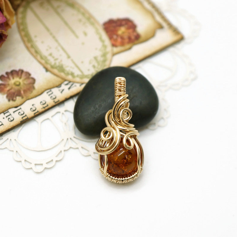 Ketting - Wire wrap hanger - 14K gold filled - Met barnsteen