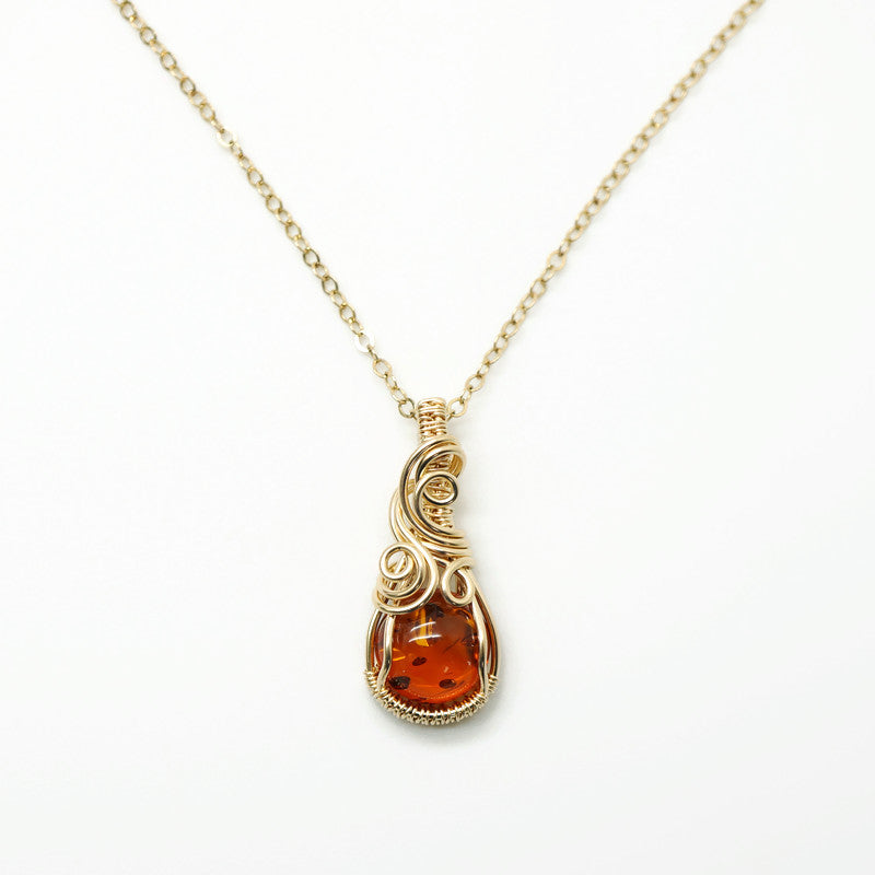 Ketting - Wire wrap hanger - 14K gold filled - Met barnsteen