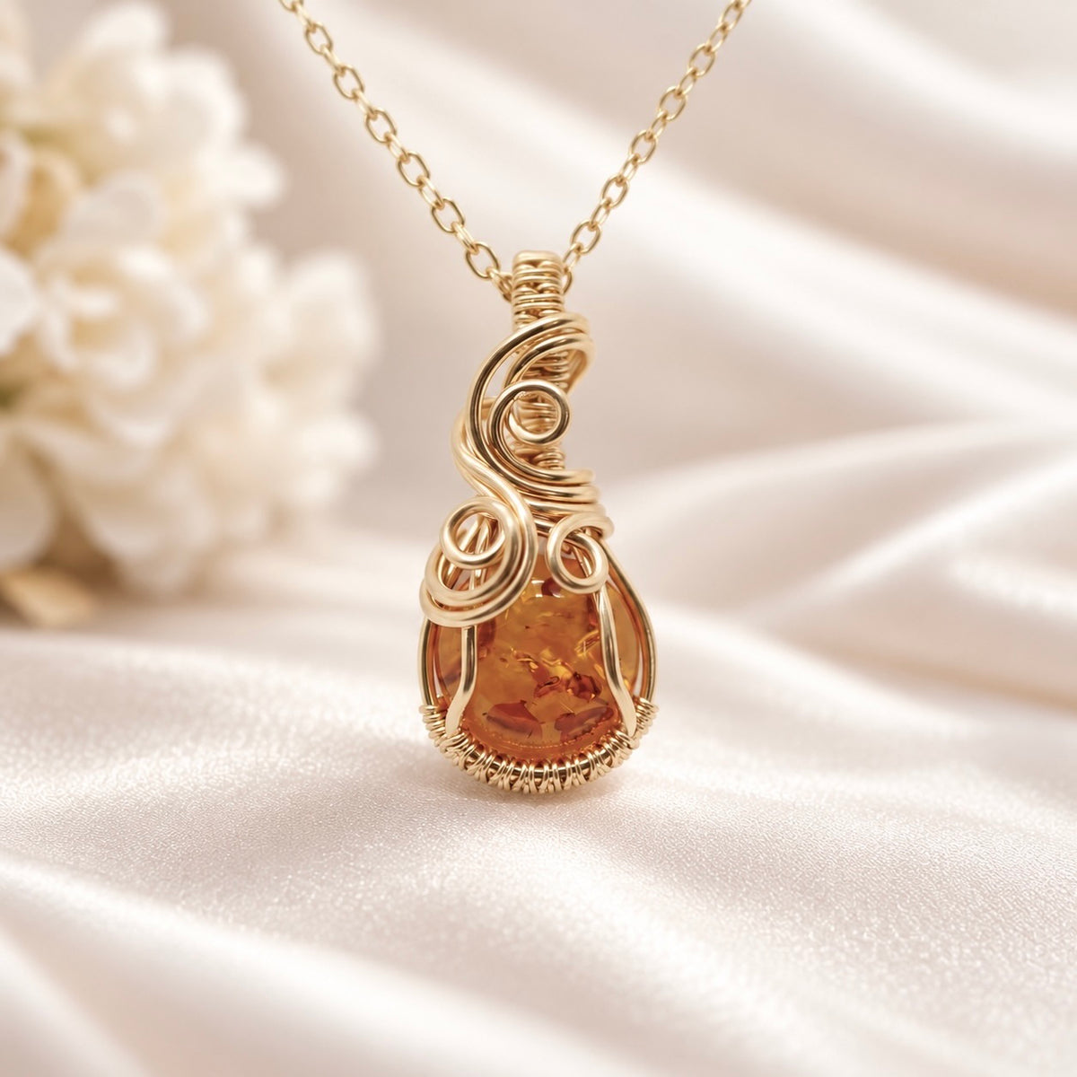 Ketting - Wire wrap hanger - 14K gold filled - Met barnsteen