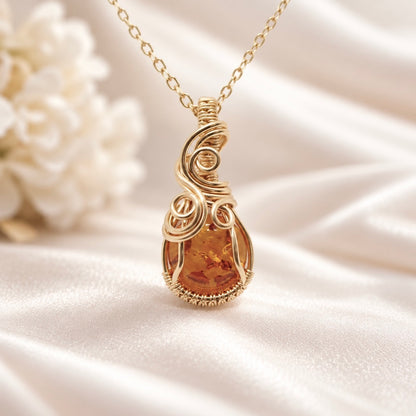 Ketting - Wire wrap hanger - 14K gold filled - Met barnsteen
