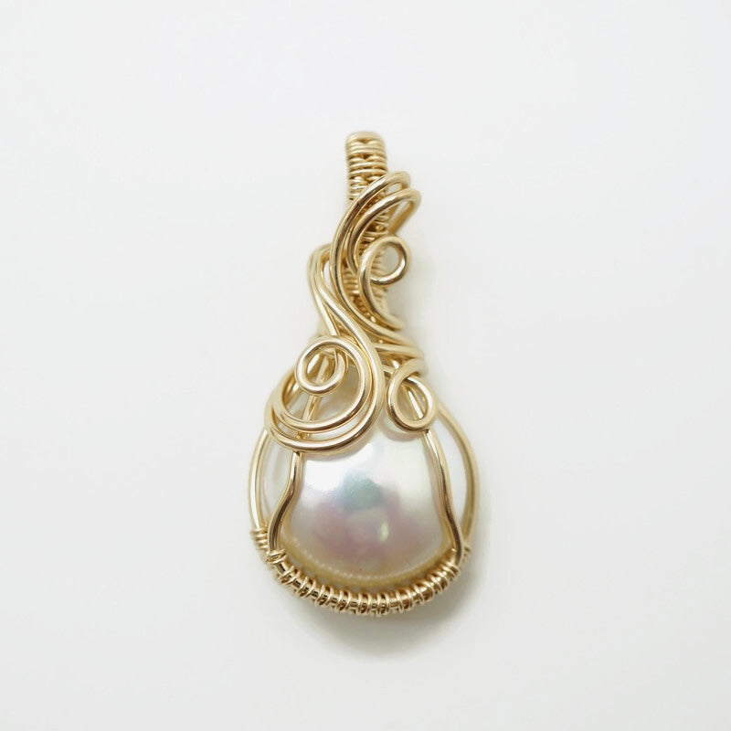 Gouden hanger met parel - 14k gold filled wire wrap hanger met zoetwaterparel