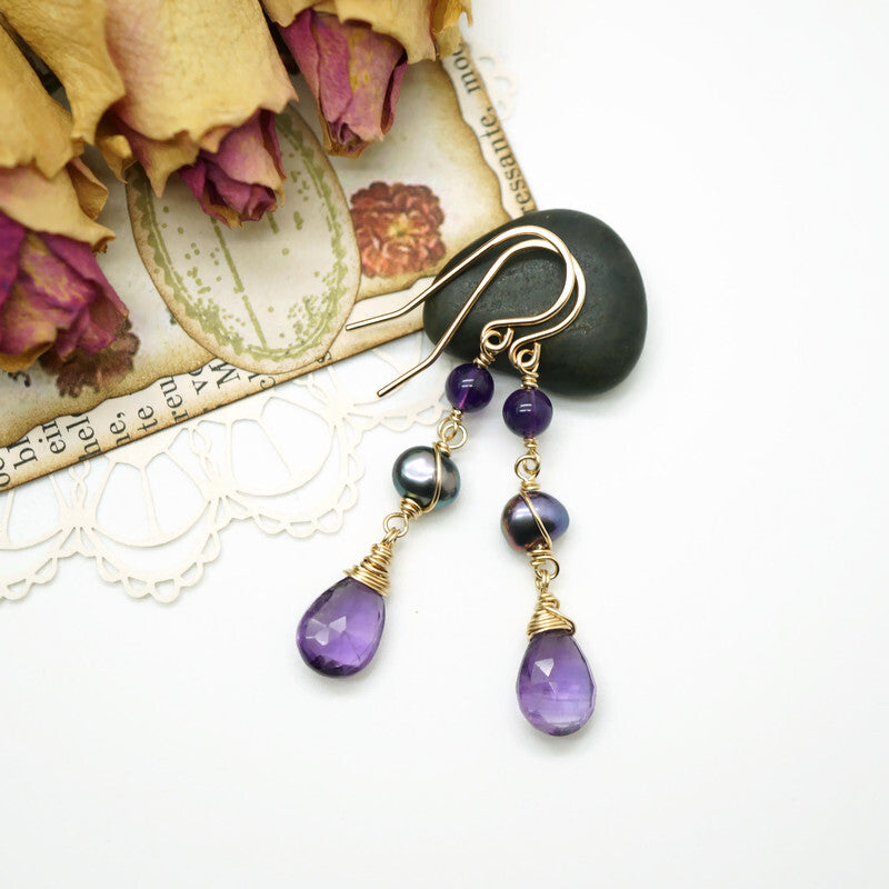14k Gold Filled Oorbellen met Amethist &amp; Zoetwaterparel – Handgemaakt