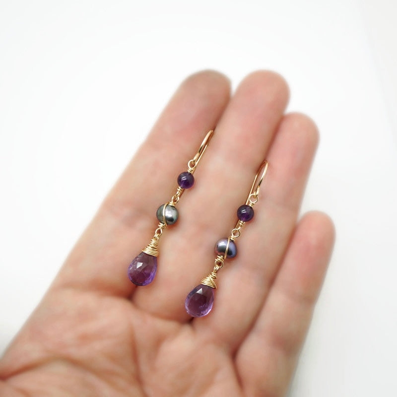 14k Gold Filled Oorbellen met Amethist &amp; Zoetwaterparel – Handgemaakt