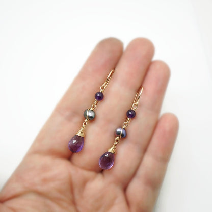 14k Gold Filled Oorbellen met Amethist &amp; Zoetwaterparel – Handgemaakt