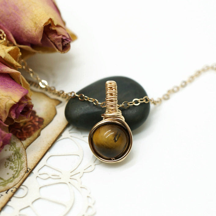 14k Gold Filled Hanger met Tijgeroog, Handgemaakt Wire Wrap Sieraad
