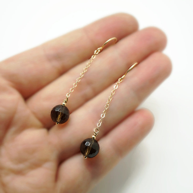 Lange 14k gold filled oorbellen met rookkwarts