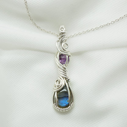 Sterling zilveren wire wrap hanger met labradoriet en amethist