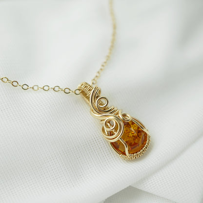 Ketting - Wire wrap hanger - 14K gold filled - Met barnsteen