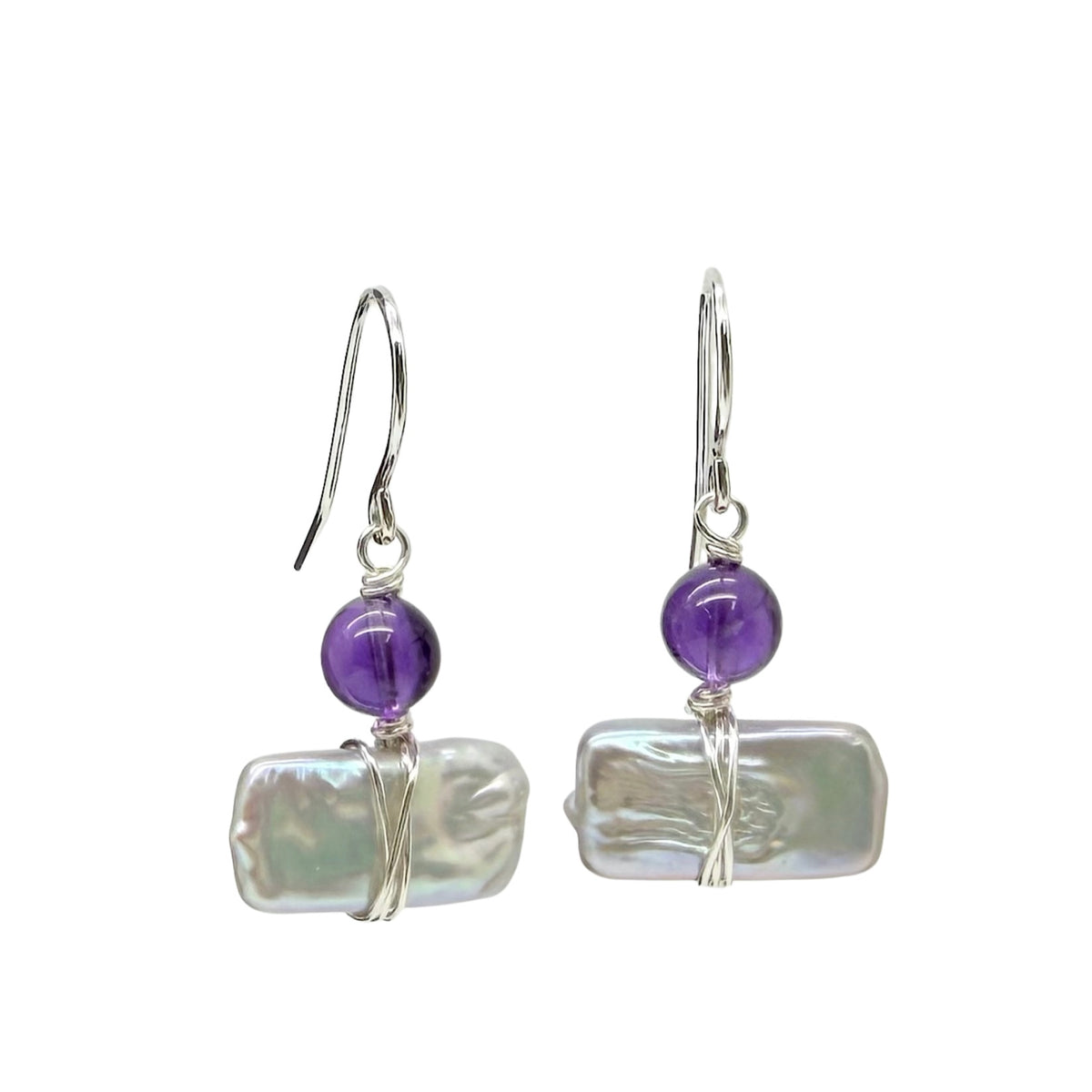 Oorbellen met zoetwaterparel en amethist van sterling zilver