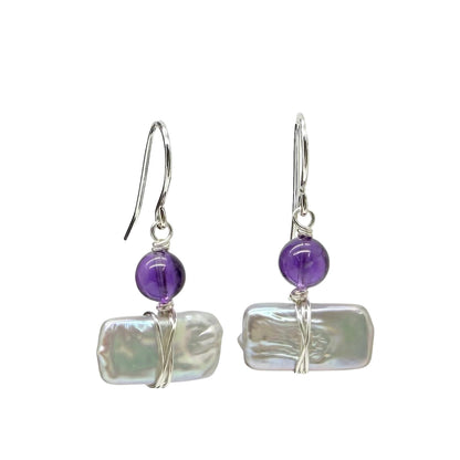 Oorbellen met zoetwaterparel en amethist van sterling zilver