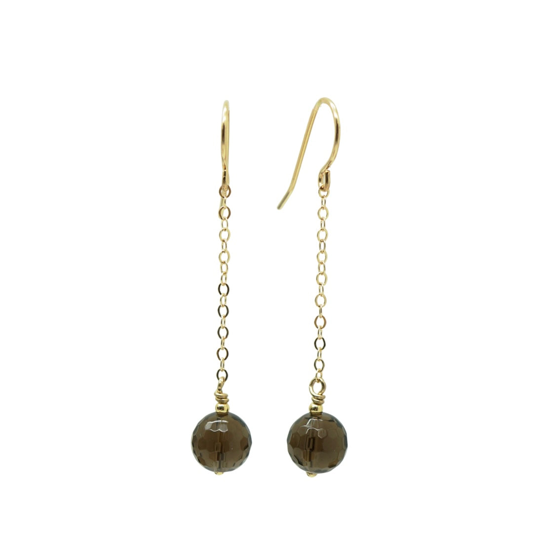 Lange 14k gold filled oorbellen met rookkwarts